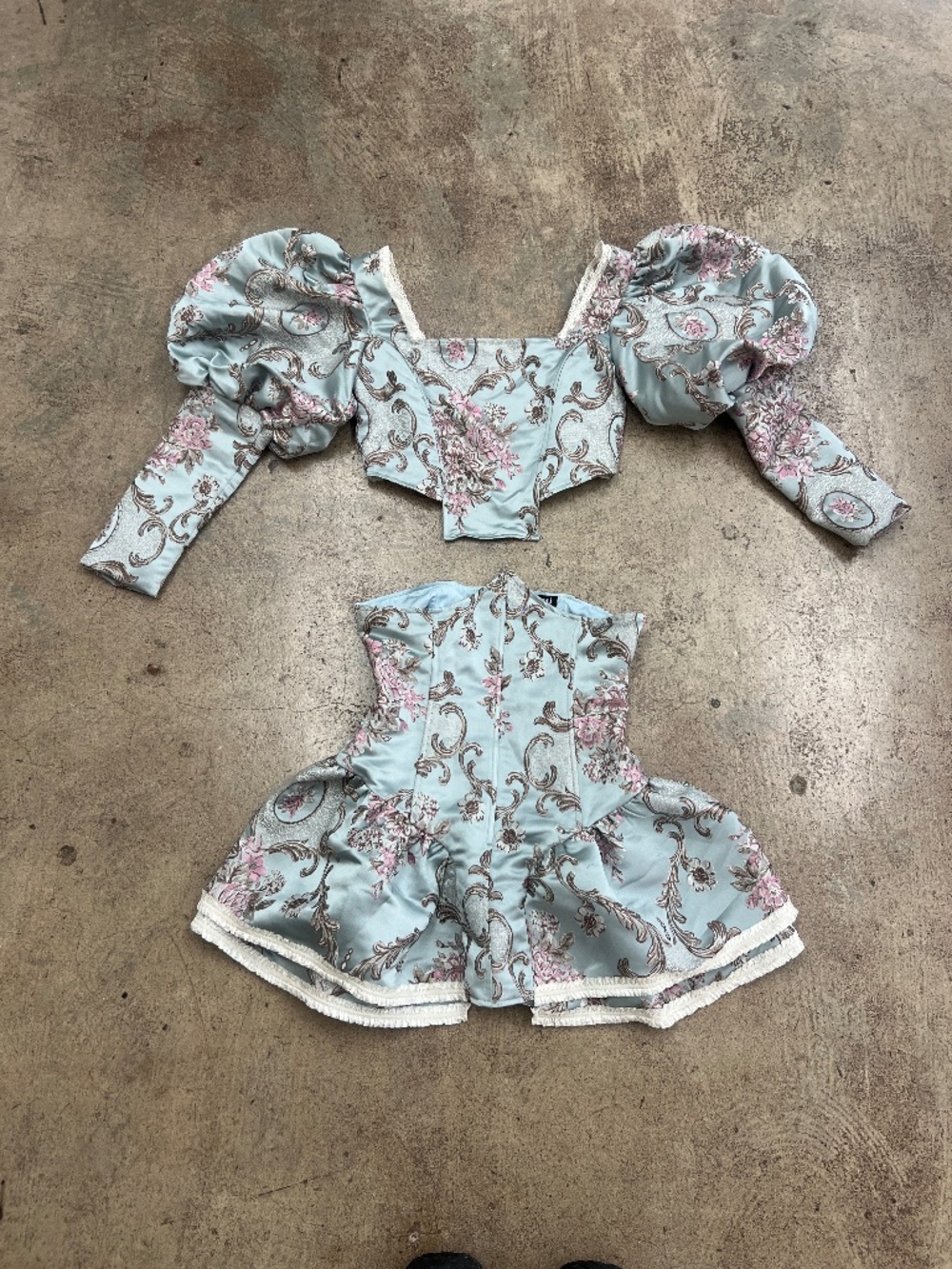 Serpenti Blue Floral Brocade Puff Sleeve Top & Peplum Mini Skirt Set